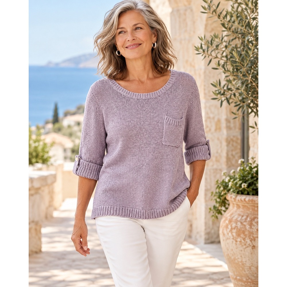 Chico's Lilac Cotton Blend Pocket Sweater Roll Tab Sleeves Coastal XL 3